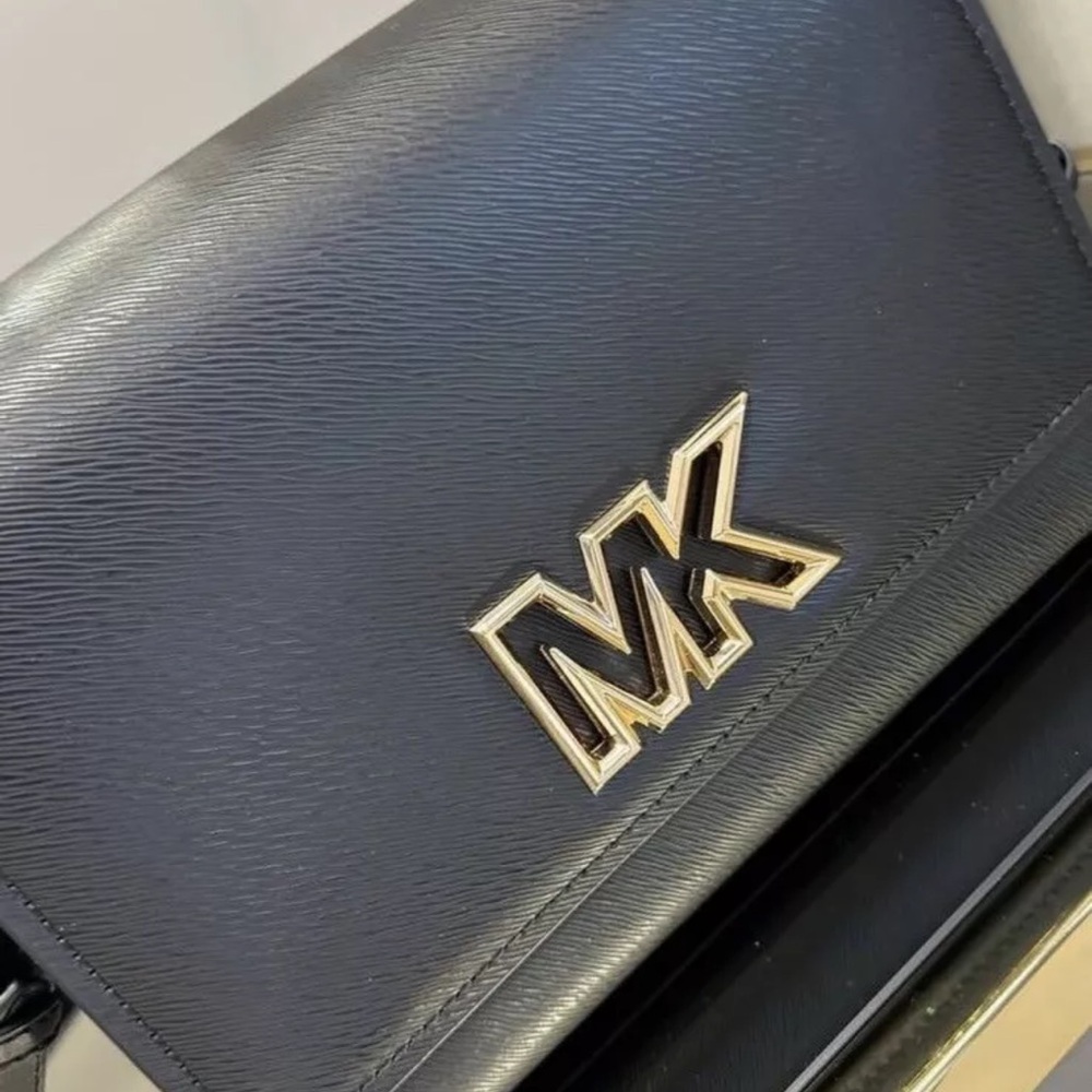 Michael Kors Mimi Medium Leather Crossbody Bag Black Gold NWT - Picture 2 of 9